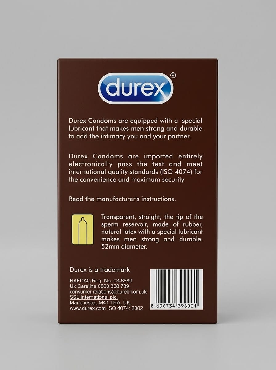 Durex Mango Flavoured Condoms Back of Box – Natural Latex, 52mm, ISO 4074 Certified