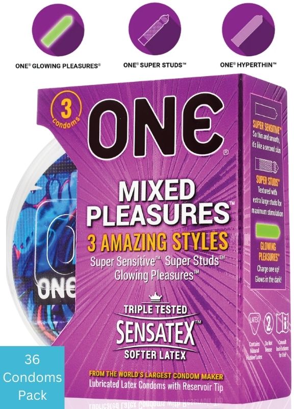 One Mixed Pleasure Condoms packaging - Sensatex latex lubricated condoms 3 styles