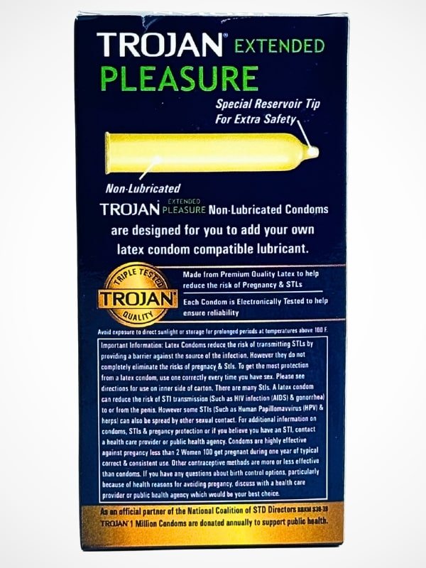 Trojan Extended Pleasure Condoms box packaging showing 12 ribbed and dotted condoms with delay formula