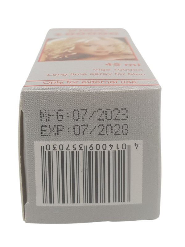 Viga 100000 Delay Spray label - Safe dermatologically tested formula made in Germany