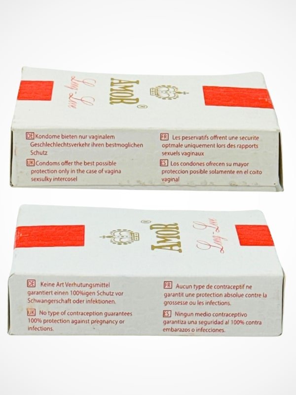 Amor Long Love Condoms side panels – multilingual safety info, natural latex, plain lubricated