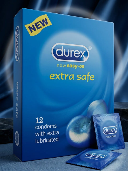 Durex Extra Safe Condoms 12 Pack – Extra Lubricated, Easy-On, front packaging with foil sachet