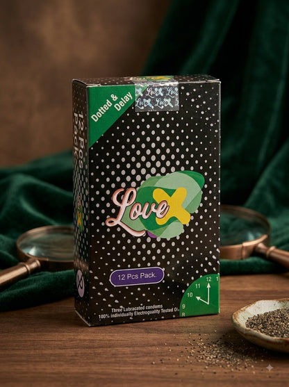 Love X Dotted Delay Condoms 12 Pack – front packaging, electronically tested natural rubber