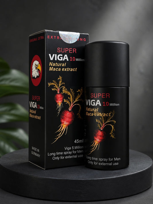 Super Viga 10 Million Delay Spray with Natural Maca Extract – box and bottle, 45ml, Made in Germany