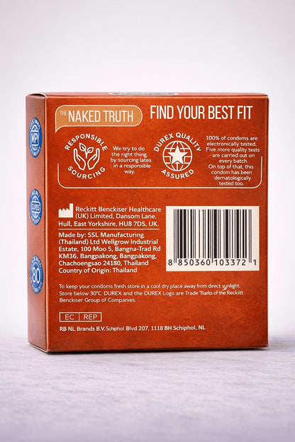 Durex Chocolate dotted condoms packaging showing premium natural latex quality