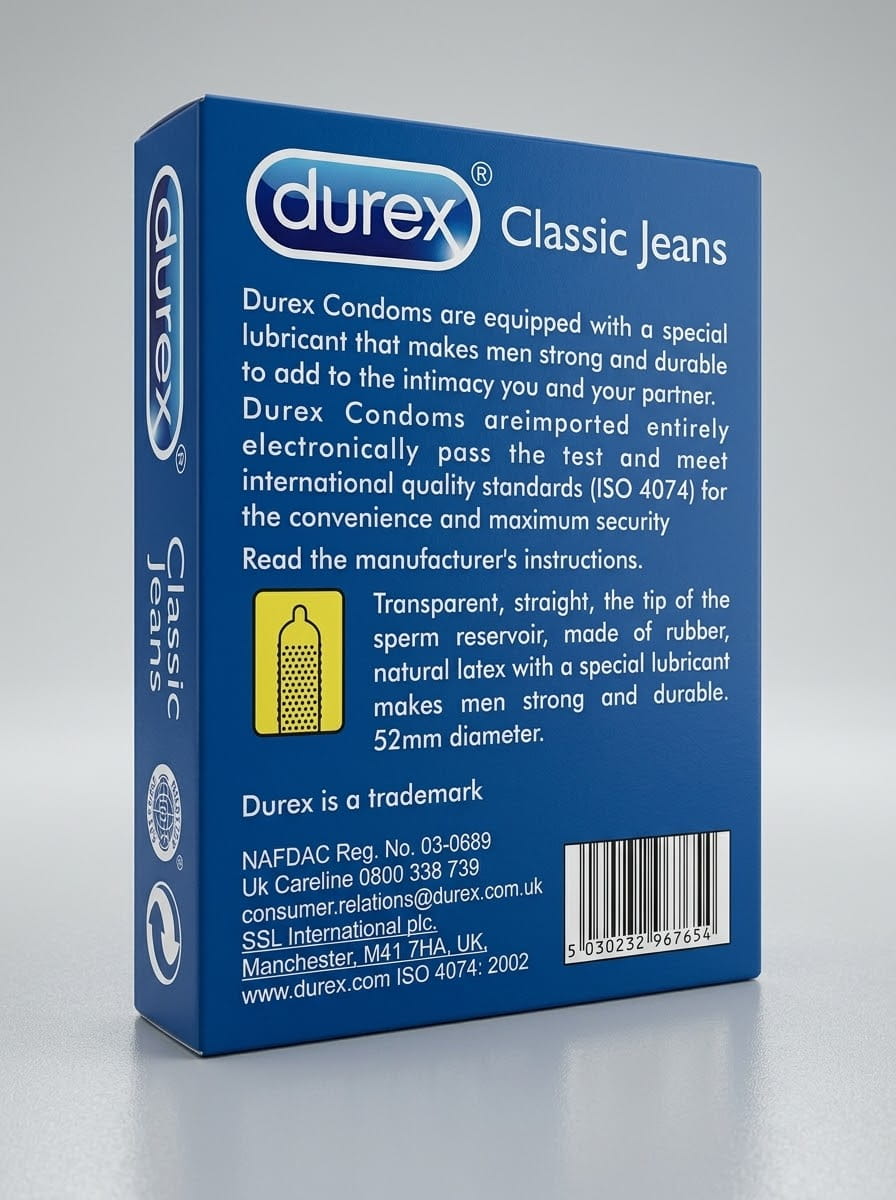 Durex Classic Jeans 12 Condoms – Easy-On Fit, Teat-Ended, Extra Lubricated for Comfort & Safety
