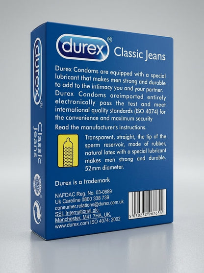 Durex Classic Jeans 12 Condoms – Easy-On Fit, Teat-Ended, Extra Lubricated for Comfort & Safety
