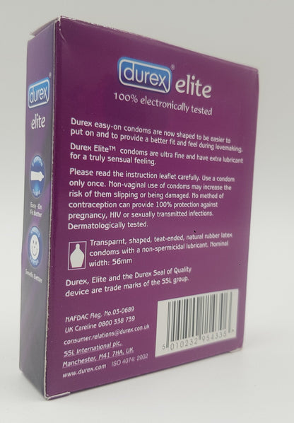 Durex Elite Condoms Back – 100% Electronically Tested, Natural Rubber Latex, 56mm Width