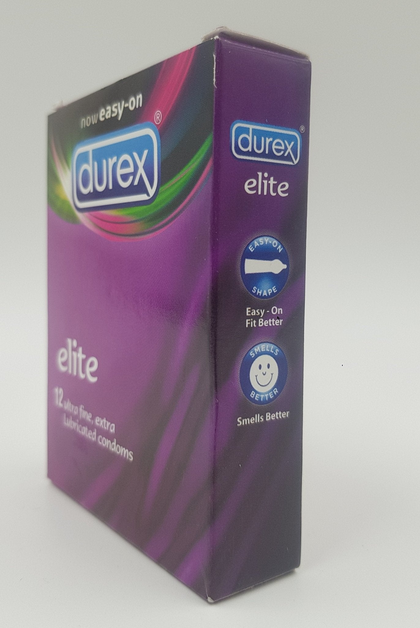 Durex Elite Condoms Side View – Easy-On Fit Better Shape, Smells Better, Ultra Fine 12 Pack