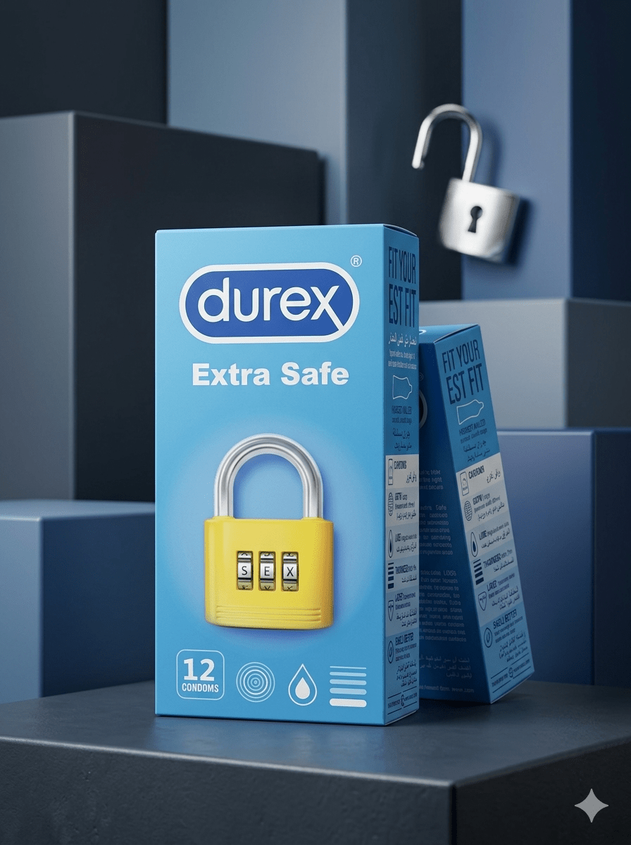 Durex Extra Safe packaging with a yellow lock on a blue background