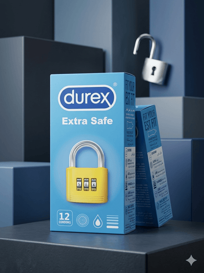 Durex Extra Safe packaging with a yellow lock on a blue background