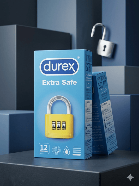 Durex Extra Safe packaging with a yellow lock on a blue background