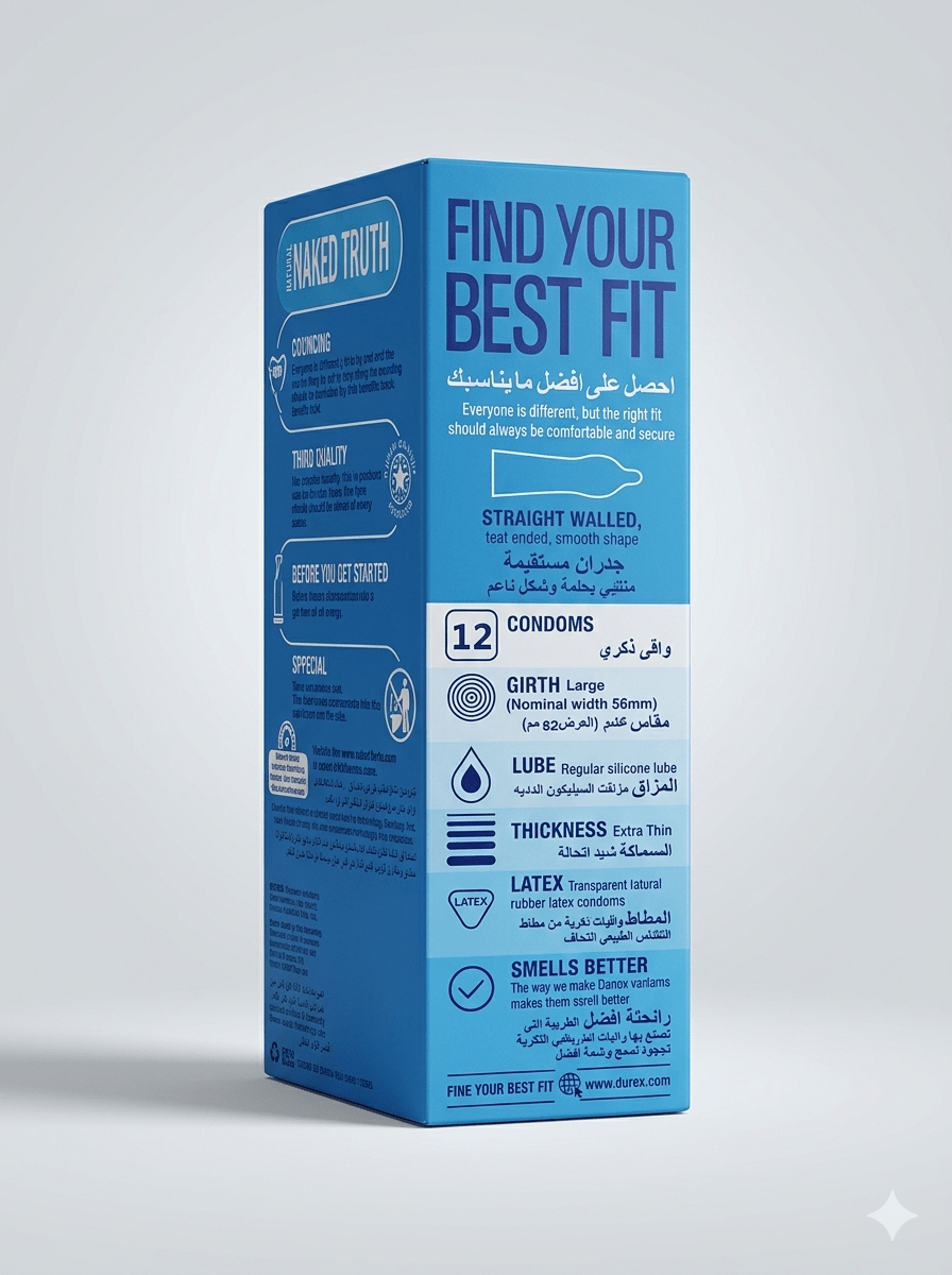 Blue packaging of 'Naked Truth' condoms with text on a white background