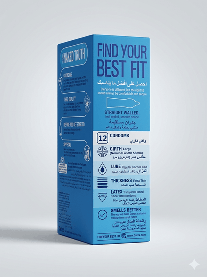 Blue packaging of 'Naked Truth' condoms with text on a white background