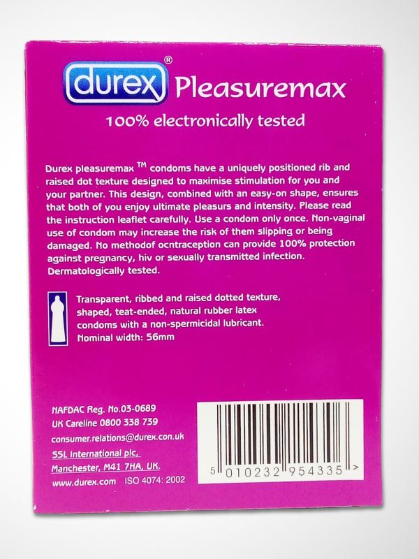 Durex Pleasuremax Condoms Back – 100% Electronically Tested, Ribbed Dotted Texture, 56mm Width
