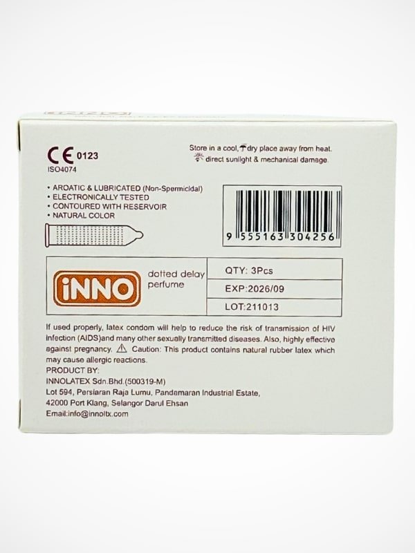 Inno Bvlgari condoms packaging showing luxury scented dotted delay design