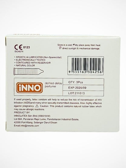 Inno Bvlgari condoms packaging showing luxury scented dotted delay design