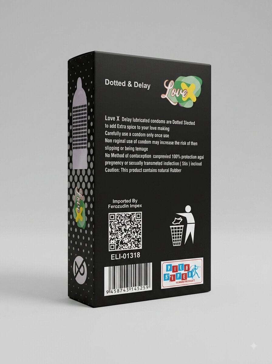 Love X Dotted Delay Condoms 12 Pack – back packaging with usage instructions and safety info