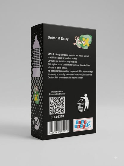 Love X Dotted Delay Condoms 12 Pack – back packaging with usage instructions and safety info