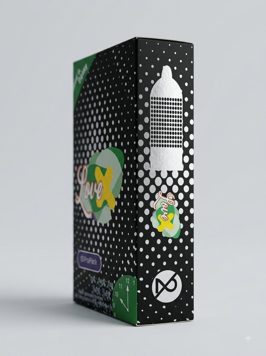 Love X Dotted Delay Condoms 12 Pack – side view showing dotted texture and brand logo