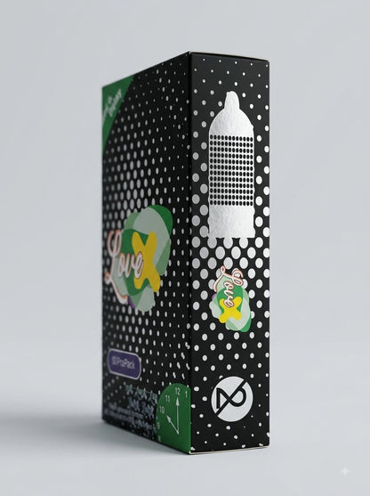 Love X Dotted Delay Condoms 12 Pack – side view showing dotted texture and brand logo