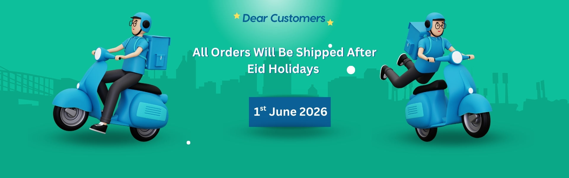 Promotional banner with a delivery person on a scooter, indicating shipping after Eid holidays on 1st June 2026.