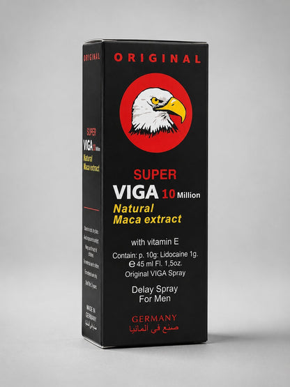 Super Viga 10 Million Delay Spray box – Lidocaine, Vitamin E, Natural Maca Extract, 45ml, Germany