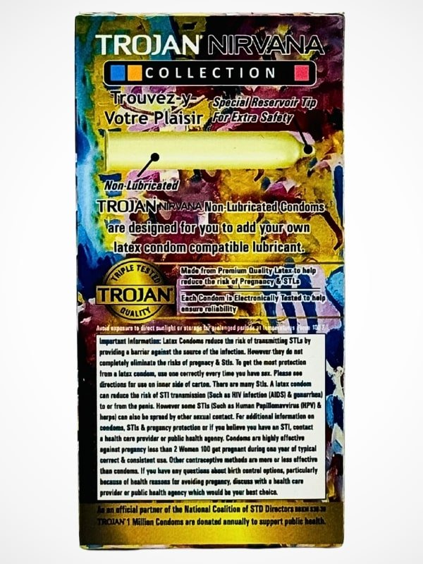 Trojan Nirvana extra delay condoms packaging showing premium quality protection for enhanced performance