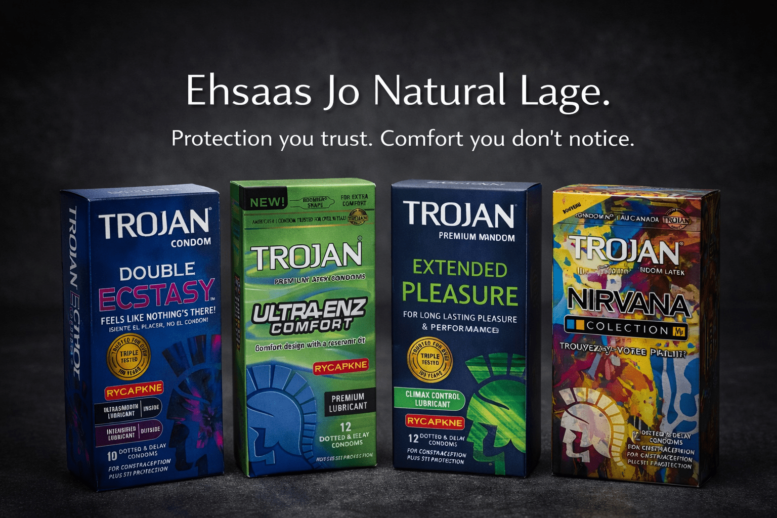 Collection of Trojan condom packages on a dark background with promotional text.