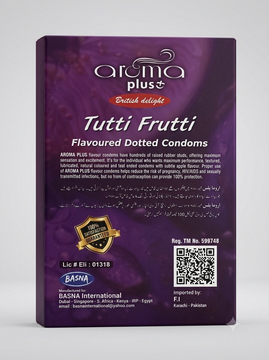 Aroma Plus Tutti Frutti Flavoured Condoms | 12 Dotted & Lubricated CondomsCondomswww.viga.pk