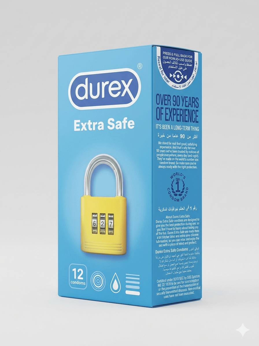 Durex Extra Safe packaging with a yellow lock on a gray background