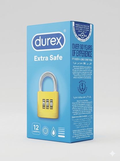 Durex Extra Safe packaging with a yellow lock on a gray background