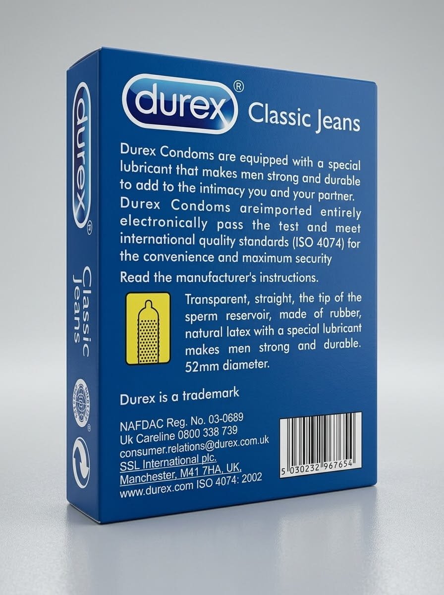 Durex Classic Jeans Condoms – Pack of 12 | Extra Lubricated, Natural LatexCondomswww.viga.pk
