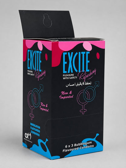 Excite Bubblegum Flavored Condoms – Scented, Lubricated | 18 Pack (6 x 3)Condomswww.viga.pk
