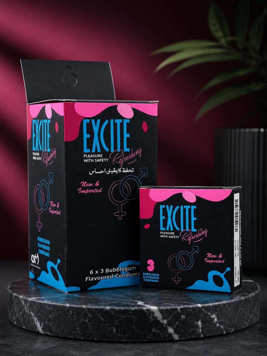 Excite Bubblegum Flavored Condoms – Scented, Lubricated | 18 Pack (6 x 3)Condomswww.viga.pk