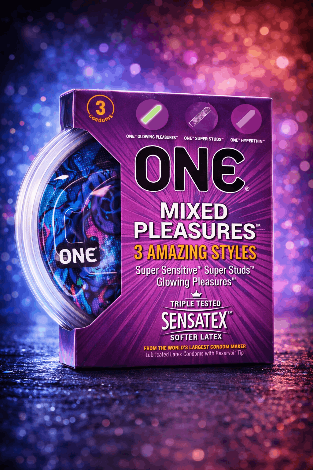 One Mixed Pleasure Condoms - 3 Pack (Glow, Ultra Thin, Studded)Condomswww.viga.pk