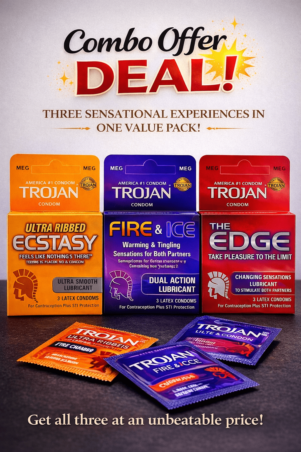 Trojan Condoms Variety Pack - 9 Premium Latex Condoms (3 Styles x 3 Pack)Condomswww.viga.pk