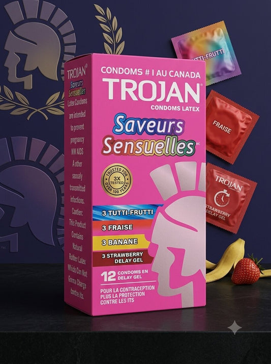 Trojan Flavored Condoms – Tutti Frutti, Strawberry & Banana | 12 PackCondomswww.viga.pk