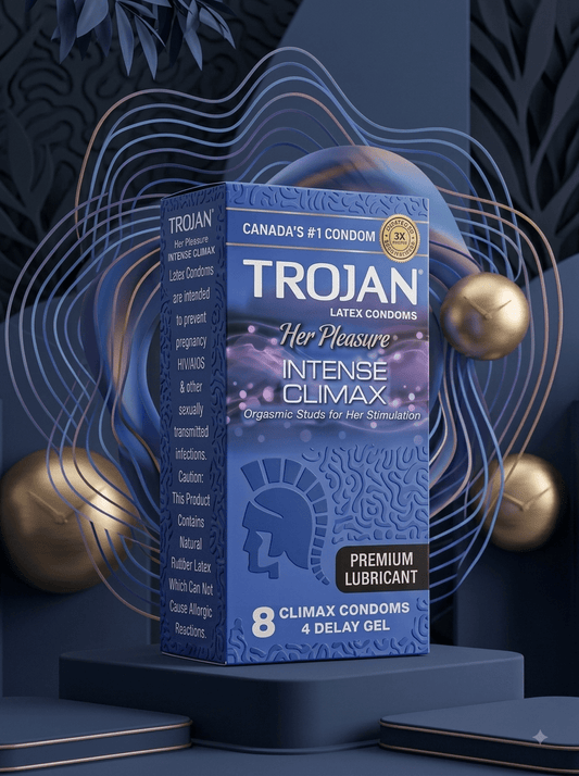 Trojan Intense Climax Studded Condoms | 8 Condoms + 4 Delay Gel | Her PleasureCondomswww.viga.pk