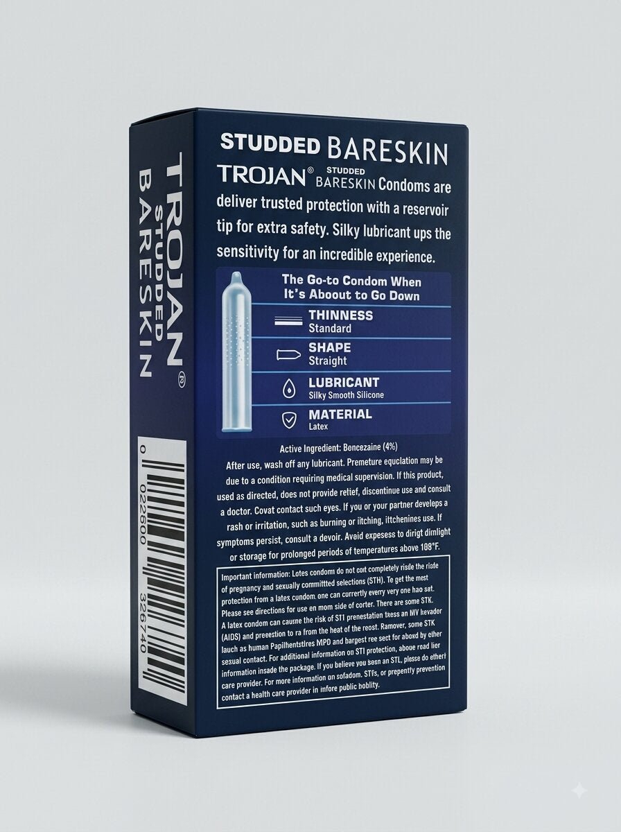Trojan Studded Bareskin Condoms 12-Pack – Ultra-Thin Textured Latex for Enhanced SensationCondomswww.viga.pk