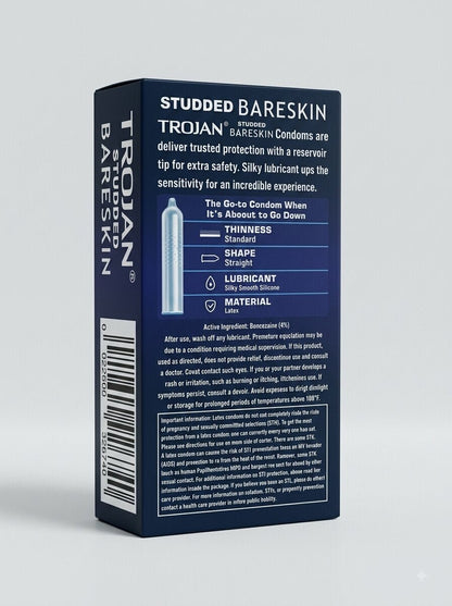 Trojan Studded Bareskin Condoms 12-Pack – Ultra-Thin Textured Latex for Enhanced SensationCondomswww.viga.pk