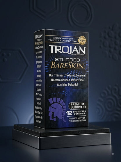Trojan Studded Bareskin Condoms 12-Pack – Ultra-Thin Textured Latex for Enhanced SensationCondomswww.viga.pk