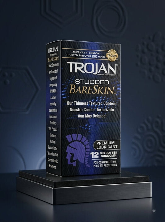 Trojan Studded Bareskin Condoms 12-Pack – Ultra-Thin Textured Latex for Enhanced SensationCondomswww.viga.pk
